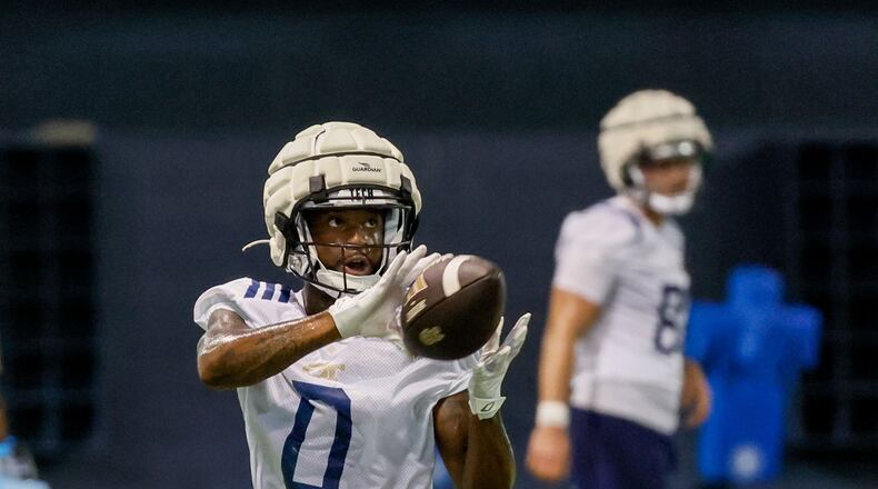 Georgia Tech wide receiver Christian Leary (0) catches the ball as he works on a drill during the second day of football practice at the Brock Indoor Practice Facility on Thursday, July 25, 2024, in Atlanta.
(Miguel Martinez / AJC)