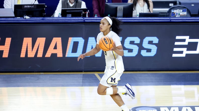 Michigan guard Mila Holloway brings the ball upcourt against Holy Cross during the second half in the first round of the NCAA college basketball tournament, Friday, March 20, 2026, in Ann Arbor, Mich. (AP Photo/Al Goldis)