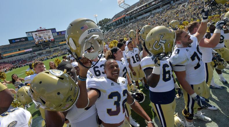 September 9, 2017 Atlanta - Georgia Tech players celebrate their victory over the Jacksonville State during the Georgia Tech home opener at Bobby Dodd Stadium on Saturday, September 9, 2017. Georgia Tech won 37-10 over the Jacksonville State. HYOSUB SHIN / HSHIN@AJC.COM