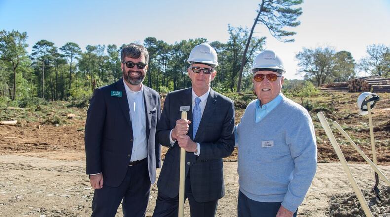 Andy Isakson (center), pictured with Ted Fleming, president of the Peachtree Hills Civic Association, and Larry Hailey, a member of Peachtree Hills Place in Buckhead, at the official groundbreaking last October. Isakson is owner and managing partner of Isakson Living. CONTRIBUTED BY CHRIS BERRY
