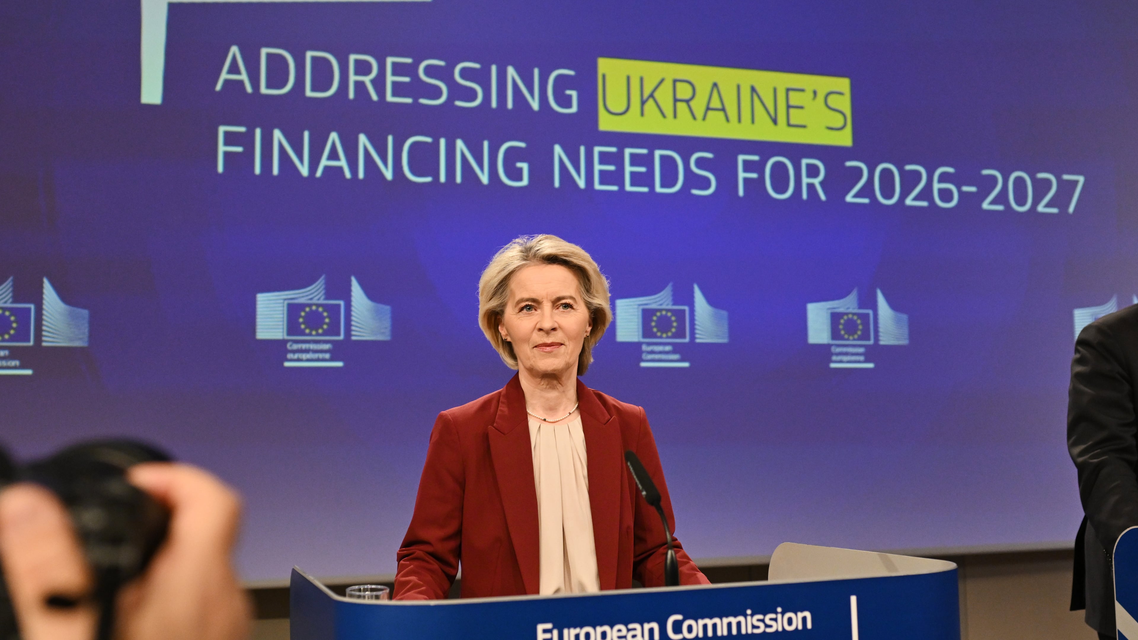 European Commission President Ursula von der Leyen addresses a media conference regarding Ukraine's financing needs for 2026-2027 at EU headquarters in Brussels, Wednesday, Dec. 3, 2025. (AP Photo/Harry Nakos)