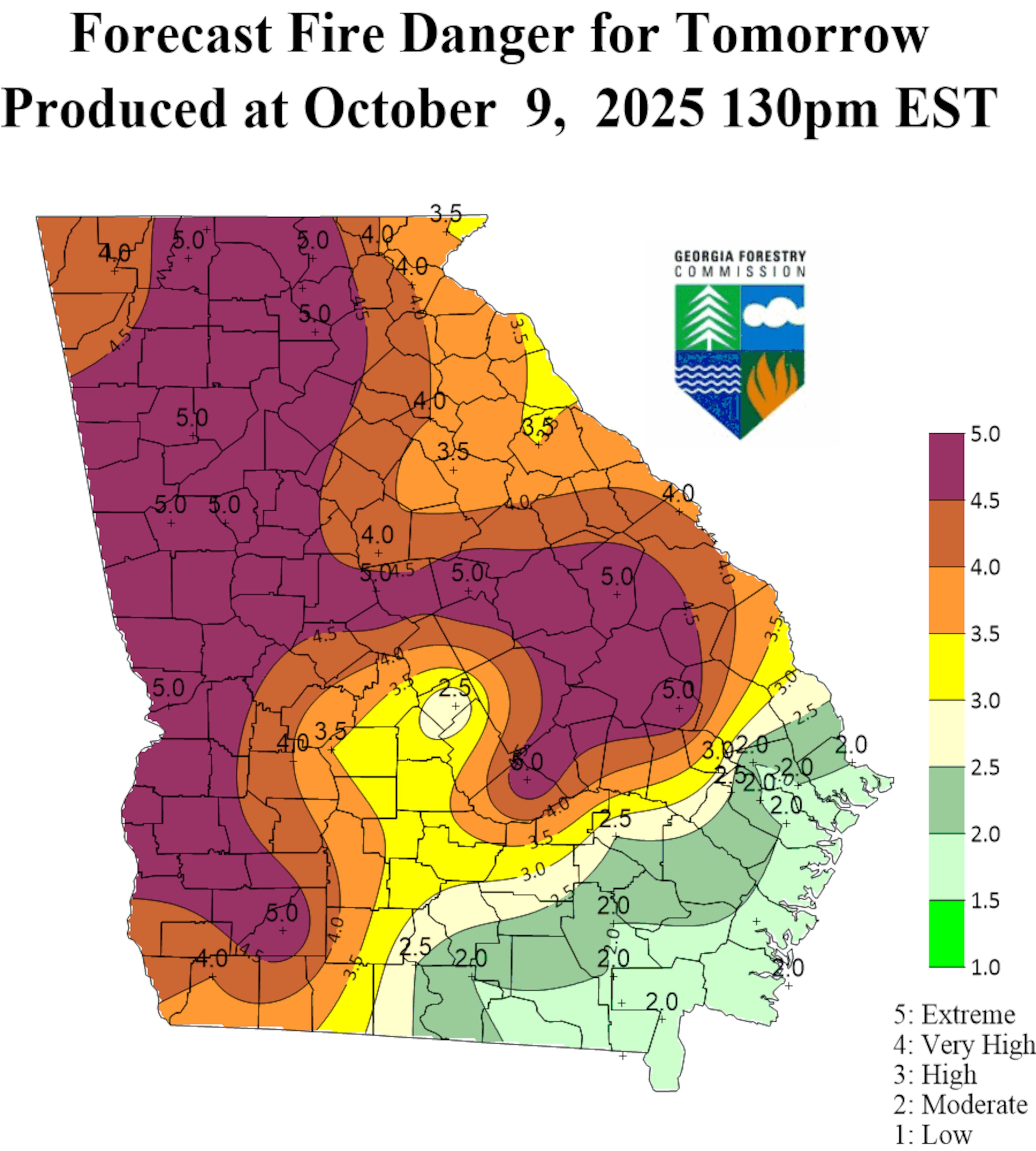The Georgia Forestry Commission's fire danger forecast for Friday, Oct. 10, 2025.