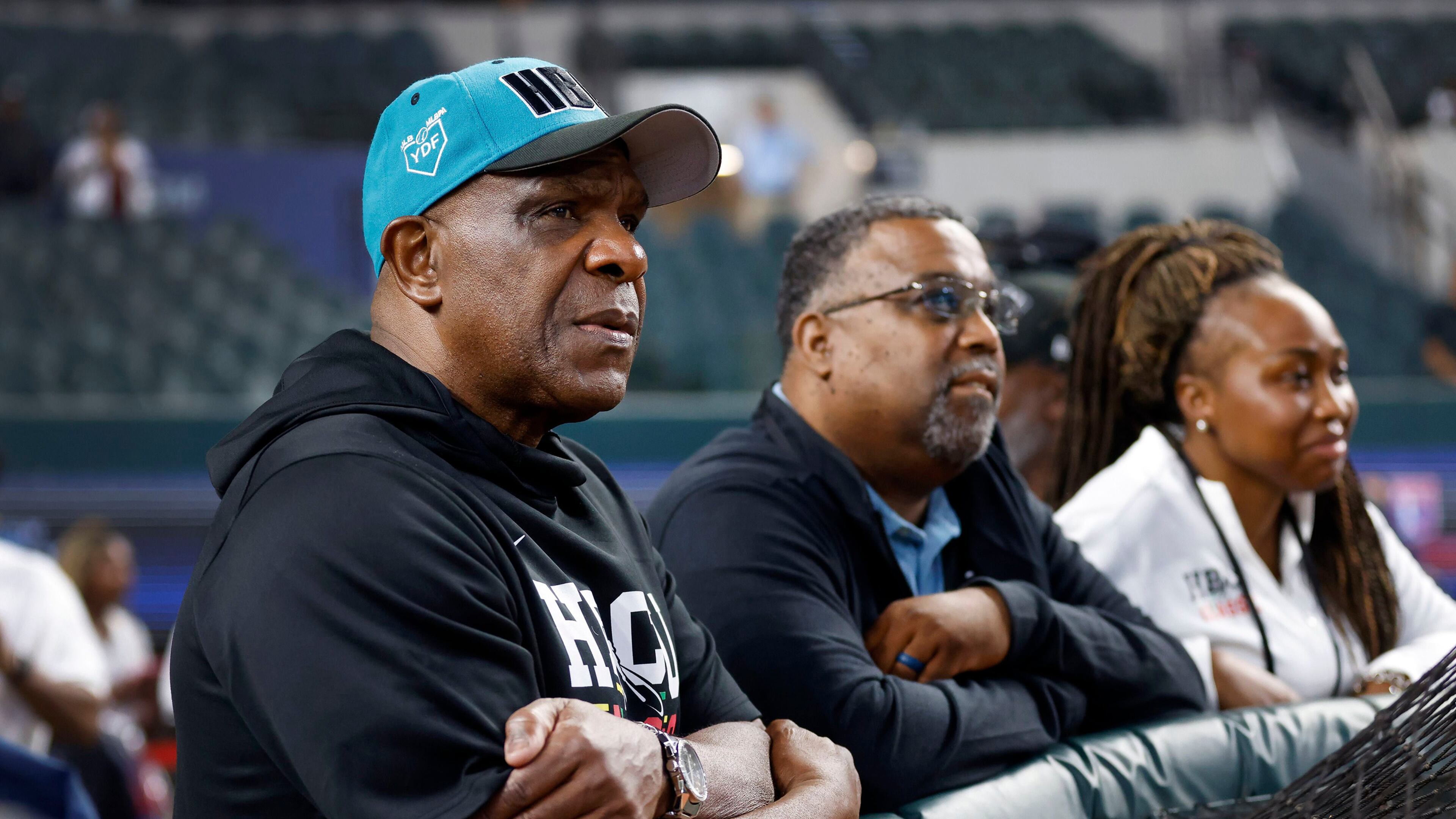 Hall of Famer and HBCU alumnus Andre Dawson (left) watches batting practice before the HBCU Swingman Classic baseball game at Globe Life Field in Arlington, Texas, on July 12, 2024. Dawson was one of the coaches participating in the game. (Tom Fox/The Dallas Morning News/TNS)