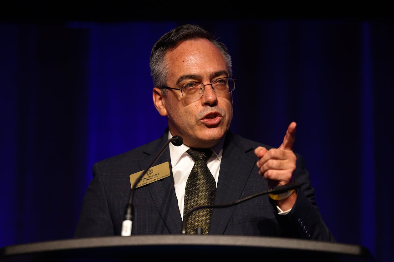 Georgia Public Service Commissioner Peter Hubbard speaks at the 2026 Georgia Democratic Convention in Savannah on Saturday, Aug. 1, 2026. (Arvin Temkar/AJC)