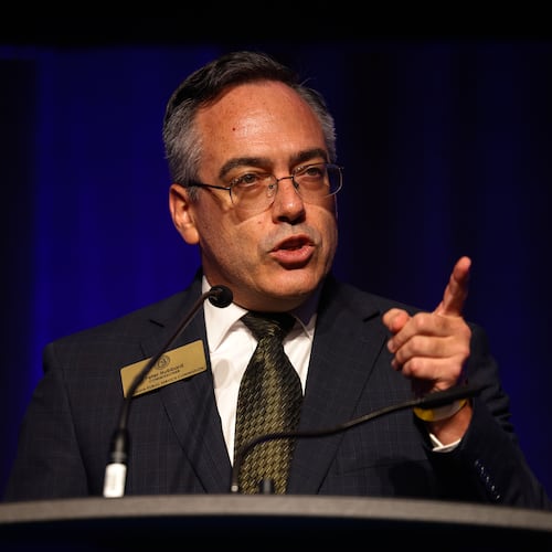 Georgia Public Service Commissioner Peter Hubbard speaks at the 2026 Georgia Democratic Convention in Savannah on Saturday, Aug. 1, 2026. (Arvin Temkar/AJC)
