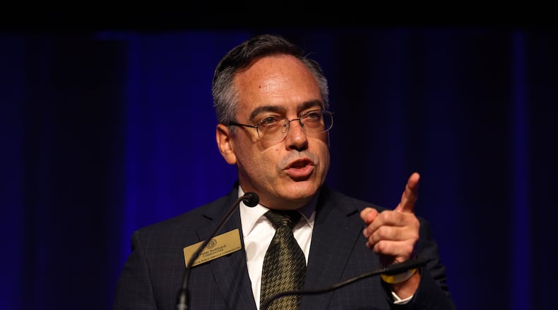 Georgia Public Service Commissioner Peter Hubbard speaks at the 2026 Georgia Democratic Convention in Savannah on Saturday, Aug. 1, 2026. (Arvin Temkar/AJC)