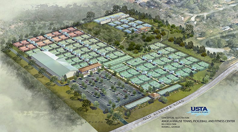 A rendering of the Angela Krause Tennis, Pickleball and Fitness Center planned at Big Creek Park in Roswell. SPECIAL