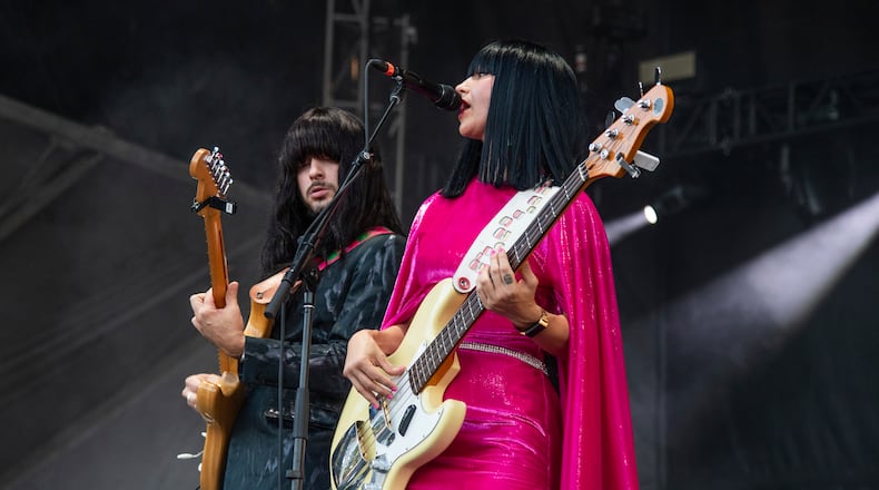 Mark Speer, left, and Laura Lee of Khruangbin perform at the Railbird Music Festival on Sunday, Aug. 29, 2021, in Lexington, Kentucky. (Photo by Amy Harris/Invision/AP)