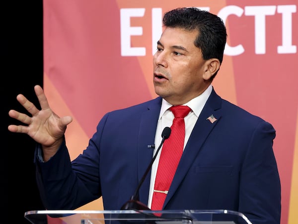 Candidate Jorge Rivas answers a question during the Republican primary debate inside the Arizona Public Media studio in Tucson, Ariz., June 9, 2025. (Mamta Popat/Arizona Daily Star via AP)