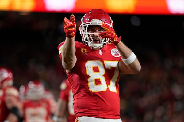 FILE - Kansas City Chiefs tight end Travis Kelce celebrates after catching a pass during the second half of an NFL football AFC divisional playoff game against the Houston Texans Saturday, Jan. 18, 2025, in Kansas City, Mo. (AP Photo/Ed Zurga, File)