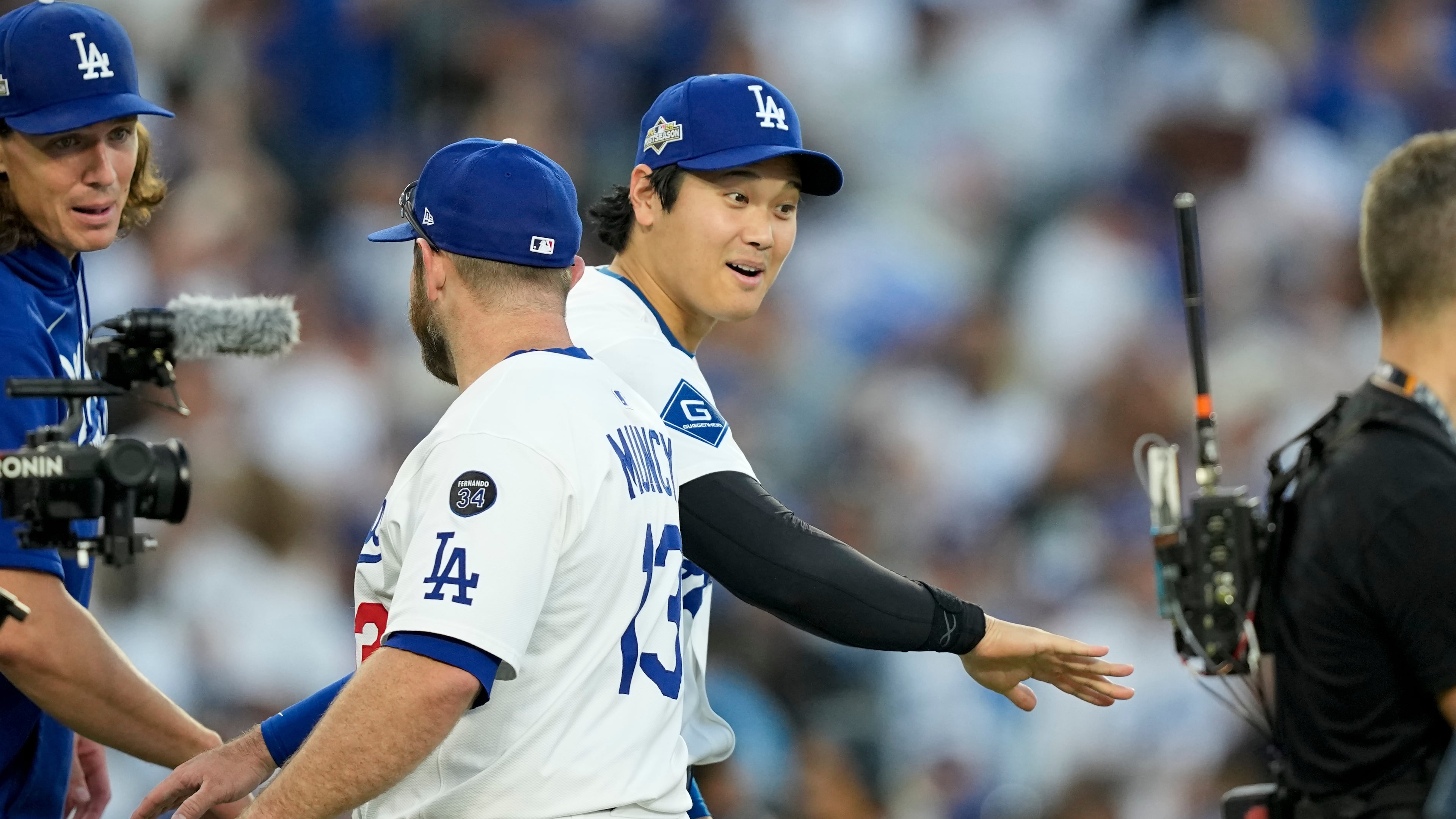 Los Angeles Dodgers' Shohei Ohtani celebrates their win against the Milwaukee Brewers in Game 3 of baseball's National League Championship Series, Thursday, Oct. 16, 2025, in Los Angeles. (AP Photo/Brynn Anderson)