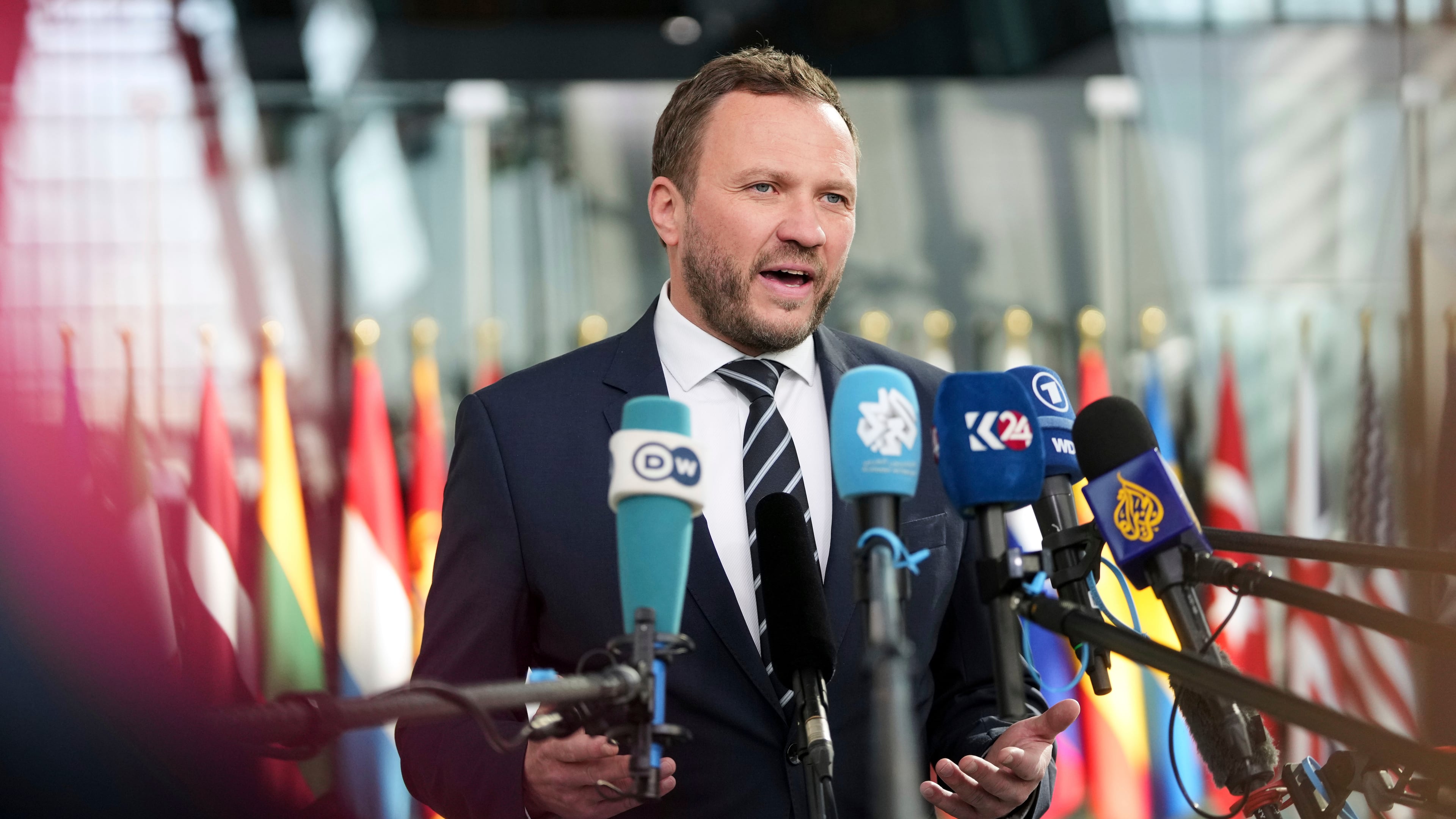 FILE - Estonia's Foreign Minister Margus Tsahkna speaks with the media as he arrives for a meeting of NATO foreign ministers at NATO headquarters in Brussels, April 3, 2025. (AP Photo/Virginia Mayo, File)