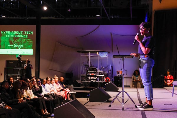 Chinwe Osuji, IT Director with Sage Software, speaks during the HYPE Tech Conference at Impact Church in Atlanta on Tuesday, March 4, 2025. The conference is designed to empower women in the technology sector.
(Miguel Martinez/ AJC)
