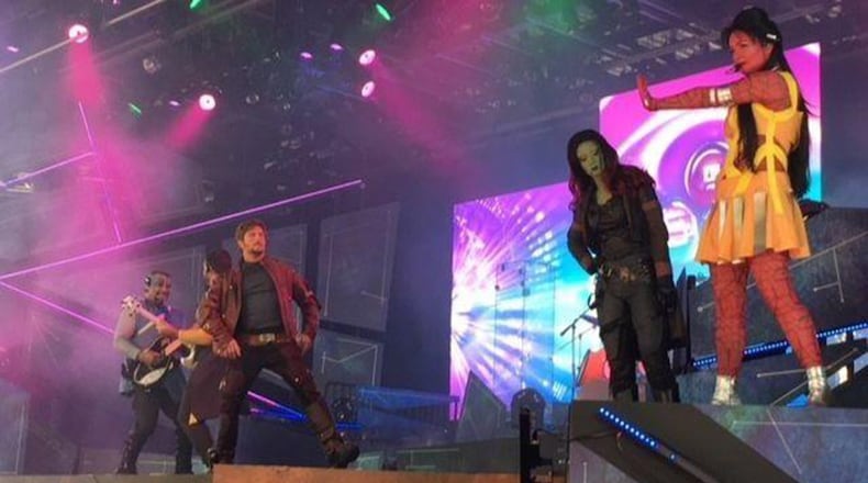 Cast members of the “Guardians of the Galaxy — Awesome Mix Live!” run through the 20-minute production at Epcot’s America Gardens Theatre. (Dewayne Bevil/Orlando Sentinel/TNS)