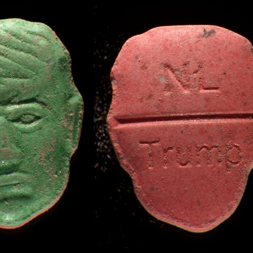 This undated photo provided by Trimbos Institute of Mental Health and Addiction shows pills that have a depiction of President Donald Trump on one side and on the other side NL and Trump stamped into the surface. (Trimbos Institute of Mental Health and Addiction via AP)