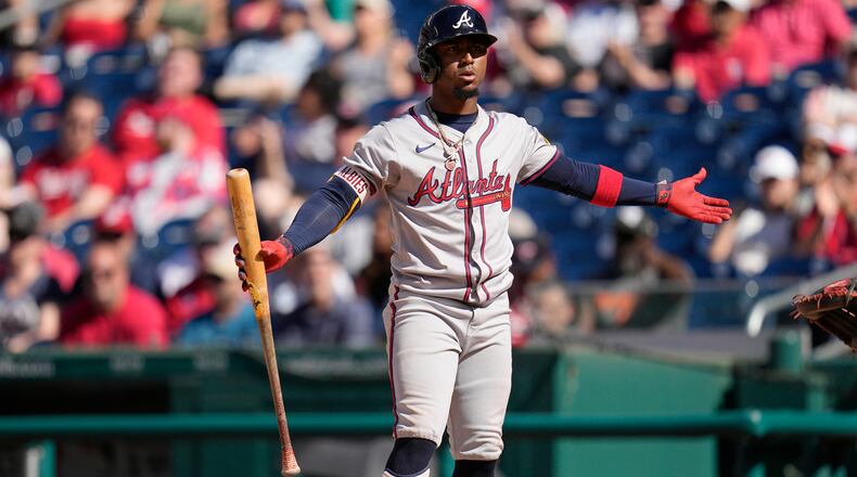 Ozzie Albies (1) of the Atlanta Braves reacts to a strike call during the ninth inning against the Washington Nationals at Nationals Park on Sunday, June 9, 2024, in Washington, D.C. (Jess Rapfogel/Getty Images/TNS)