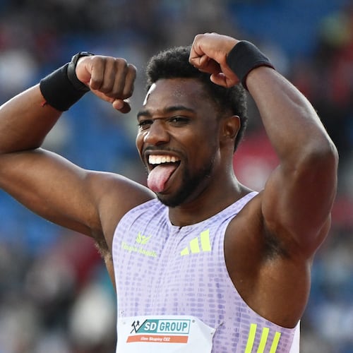 Noah Lyles of United States celebrates after winning the men's 150 meters event at the Golden Spike athletics meeting in Ostrava, Czech Republic, Tuesday, June 16, 2026. (AP Photo/Lukas Kabon)