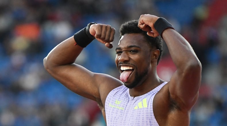 Noah Lyles of United States celebrates after winning the men's 150 meters event at the Golden Spike athletics meeting in Ostrava, Czech Republic, Tuesday, June 16, 2026. (AP Photo/Lukas Kabon)