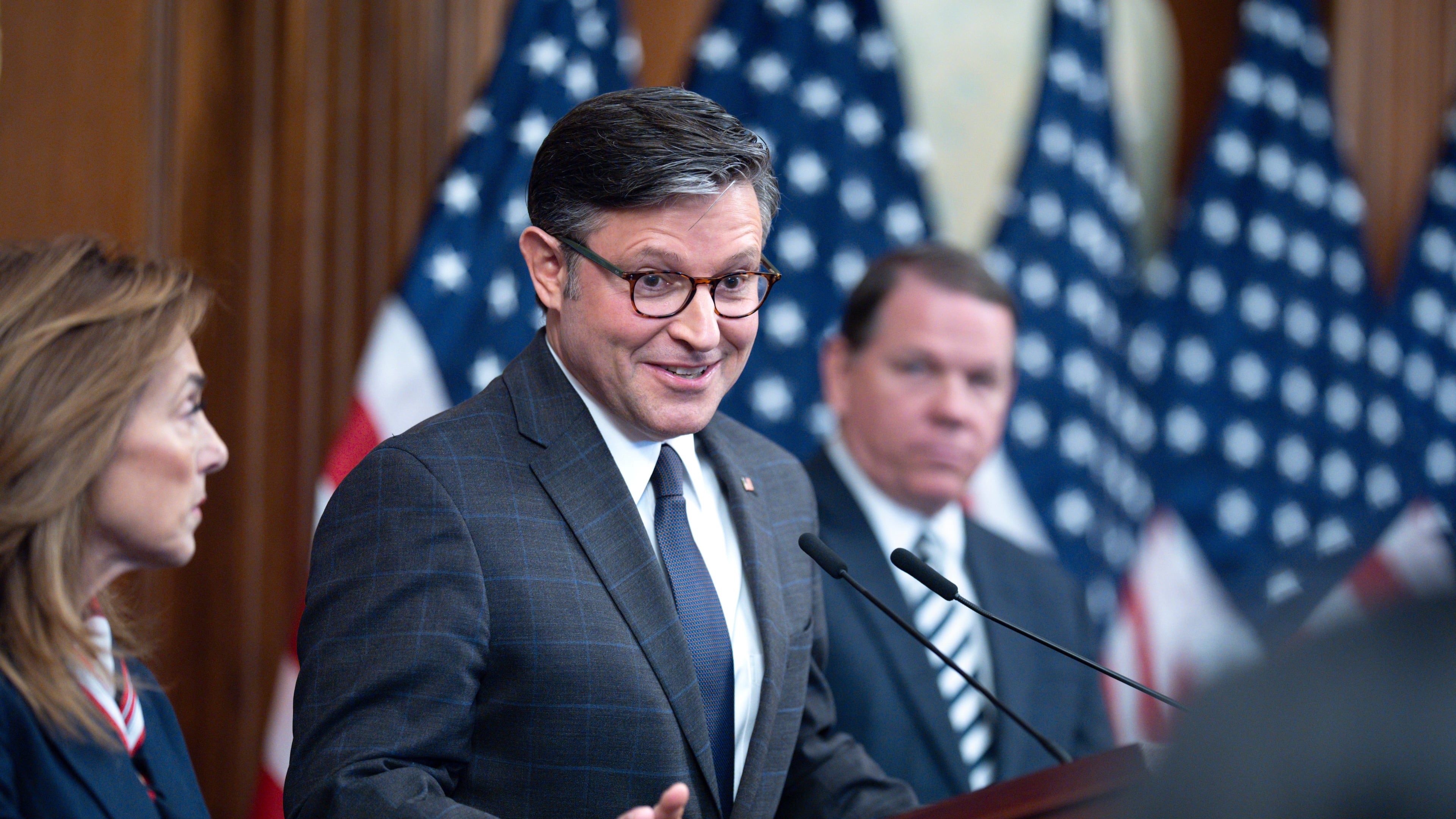 Speaker of the House Mike Johnson, R-La., holds a news conference on day 23 of the government shutdown, at the Capitol in Washington, Thursday, Oct. 23, 2025. (AP Photo/J. Scott Applewhite)