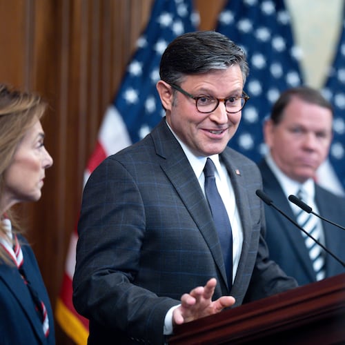 Speaker of the House Mike Johnson, R-La., holds a news conference on day 23 of the government shutdown, at the Capitol in Washington, Thursday, Oct. 23, 2025. (AP Photo/J. Scott Applewhite)