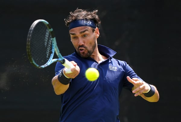 Italy's Fabio Fognini in action against Arthur Fery on day one of the Rothesay Open in Nottingham, England, Monday June 16, 2025. (Bradley Collyer/PA via AP)