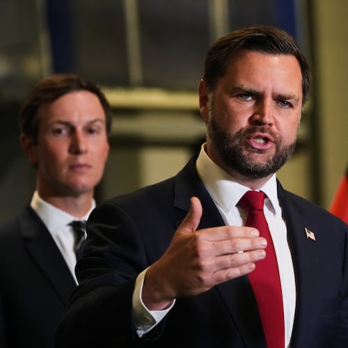 U.S. Vice President JD Vance speak to the media as Jared Kushner looks on, in Kiryat Gat, Israel, Tuesday, Oct. 21, 2025. (AP Photo/Francisco Seco)
