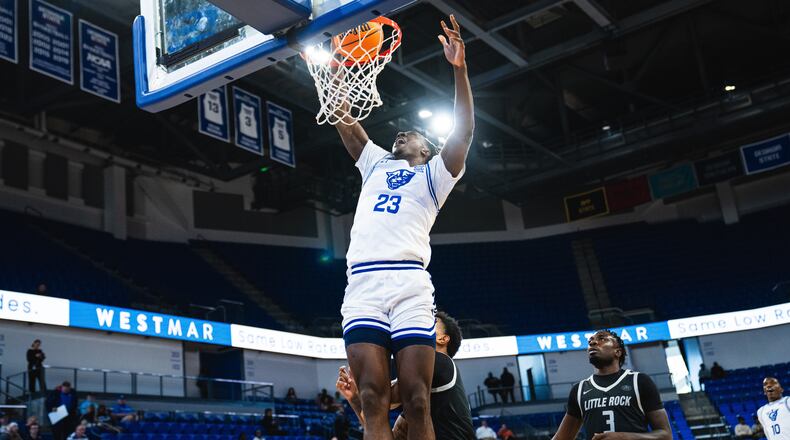 Leslie Nkereuwem, seen here against Little Rock, had 9 points and 11 rebounds in the loss to Charlotte on Nov. 25, 2023 in Charlotte.