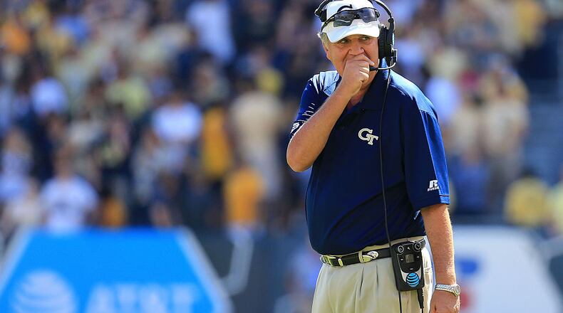 Head coach Paul Johnson of the Georgia Tech Yellow Jackets speaks in his radio during the second half against the Miami Hurricanes at Bobby Dodd Stadium on October 1, 2016 in Atlanta, Georgia. Miami won 35-21. (Photo by Daniel Shirey/Getty Images)