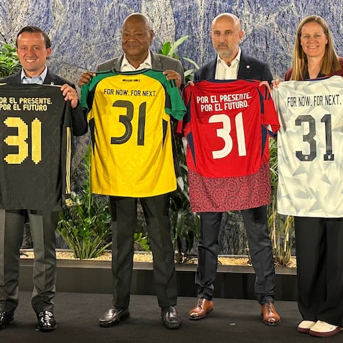 From left to right, Mexican Football Federation president Mikel Arriola, Jamaica Football Federation president Michael Ricketts, Costa Rican Football Federation president Osael Maroto Martínez and U.S. Soccer president Cindy Parlow Cone pose with jerseys at a news conference in New York, Monday, Oct. 20, 2025, to announce the four nations had joined a proposal to co-host the 2031 Women's World Cup, the only bid being considered by FIFA. (AP Photo/Ron Blum)