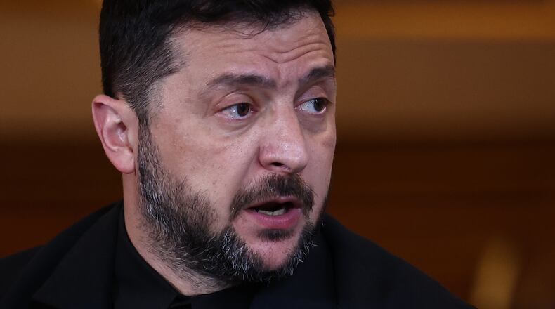 Ukraine's President Volodymyr Zelenskyy, speaks during a 'Coalition of the Willing' meeting of international partners on Ukraine at the Foreign, Commonwealth, and Development Office (FCDO) in central London, Friday Oct. 24, 2025. (Henry Nicholls/Pool Photo via AP)