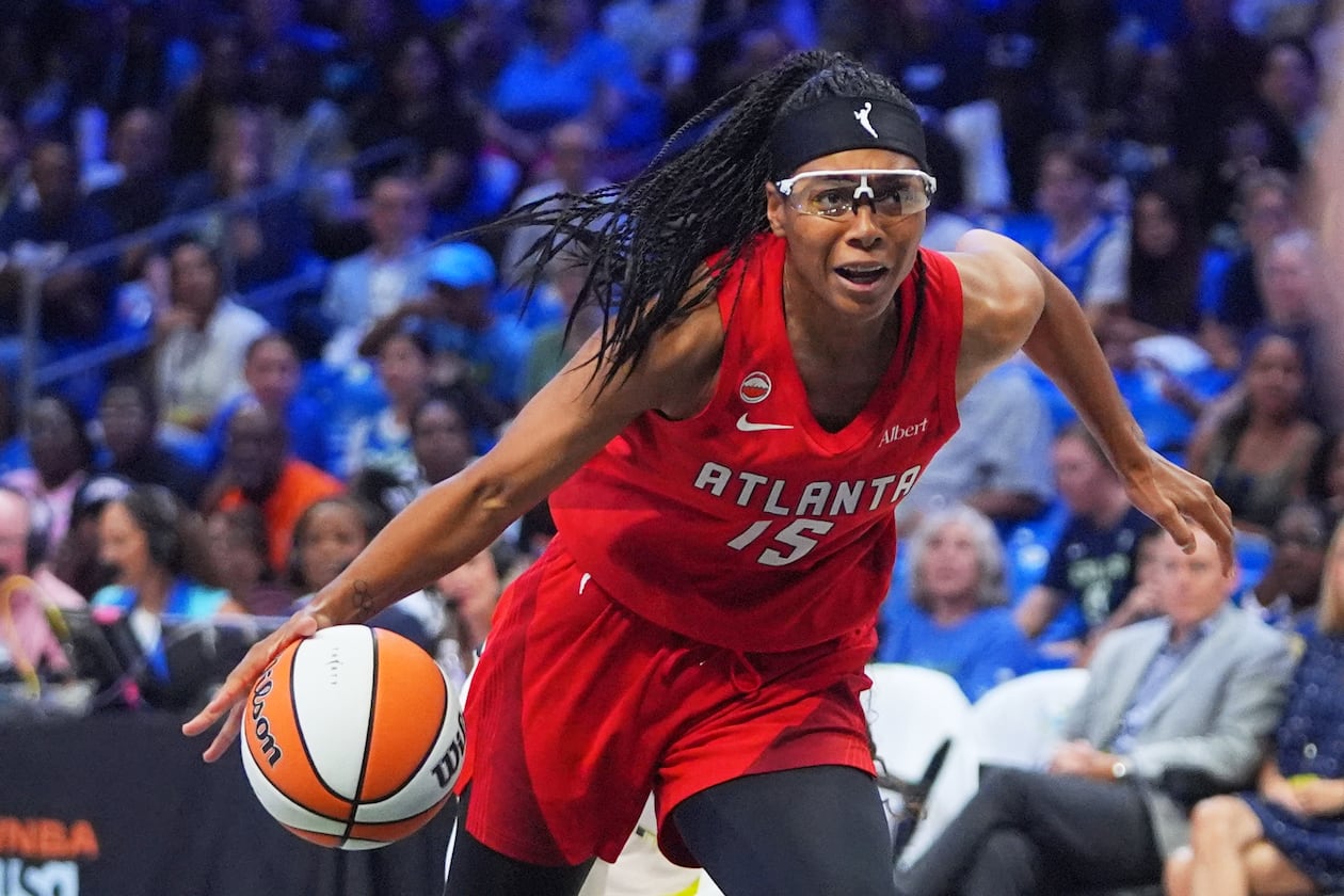 Atlanta Dream guard Allisha Gray (15) drives during the second half of a WNBA basketball game against the Dallas Wings in Arlington, Texas, Wednesday, July 29, 2026. (AP Photo/LM Otero)