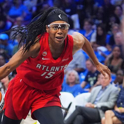 Atlanta Dream guard Allisha Gray (15) drives during the second half of a WNBA basketball game against the Dallas Wings in Arlington, Texas, Wednesday, July 29, 2026. (AP Photo/LM Otero)