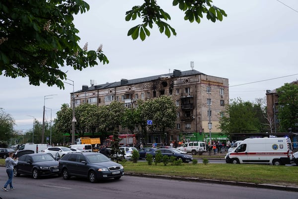 A residential building is seen damaged after a Russian strike in Kyiv, Ukraine, on Wednesday, May 7, 2025. (AP Photo/Evgeniy Maloletka)