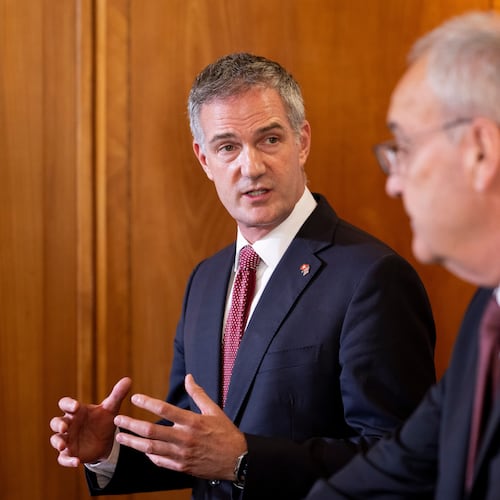 Britain's Secretary of State for Business and Trade, Peter Kyle, left, and Swiss Federal President Guy Parmelin talk prior to a press briefing, held as part of a bilateral meeting, at the Hotel Bellevue Palace in Bern, Switzerland, Monday, July 13, 2026. Parmelin and Kyle announced the conclusion of negotiations on a modernised free trade agreement between Switzerland and the United Kingdom. (Anthony Anex/Keystone via AP)