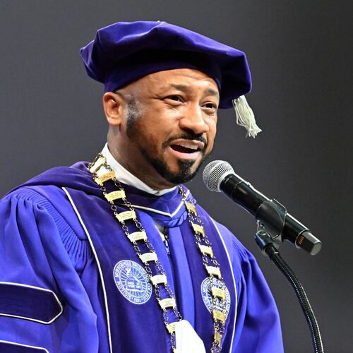 Morris Brown College President Kevin James speaks during the 2025 Morris Brown College commencement exercises at Saint Philip A.M.E. Church, Saturday, May 17, 2025, in Atlanta. (Hyosub Shin/AJC)