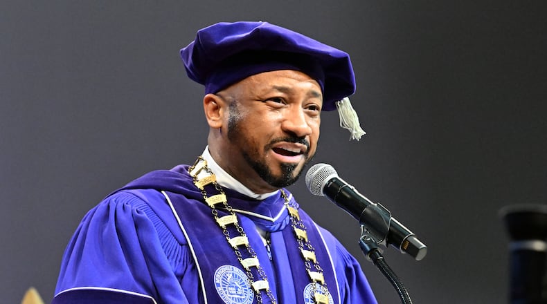 Morris Brown College President Kevin James speaks during the 2025 Morris Brown College commencement exercises at Saint Philip A.M.E. Church, Saturday, May 17, 2025, in Atlanta. (Hyosub Shin/AJC)