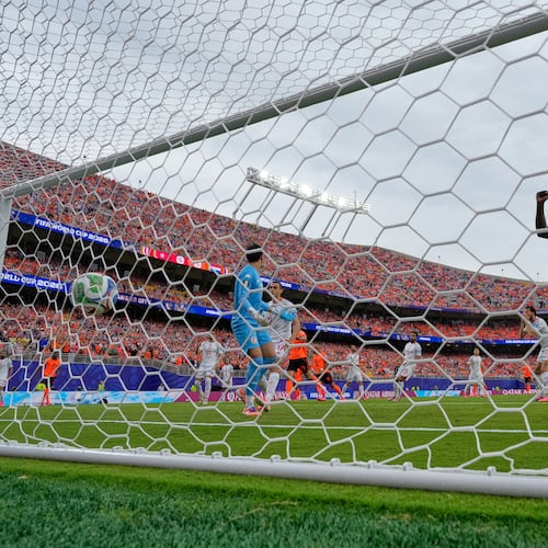 Netherlands' Brian Brobbey (19) celebrates after Tunisia's Ellyes Skhiri (17) scored an own goal during the World Cup Group F soccer match between Tunisia and the Netherlands in Kansas City, Mo., Thursday, June 25, 2026. (AP Photo/Charlie Riedel)