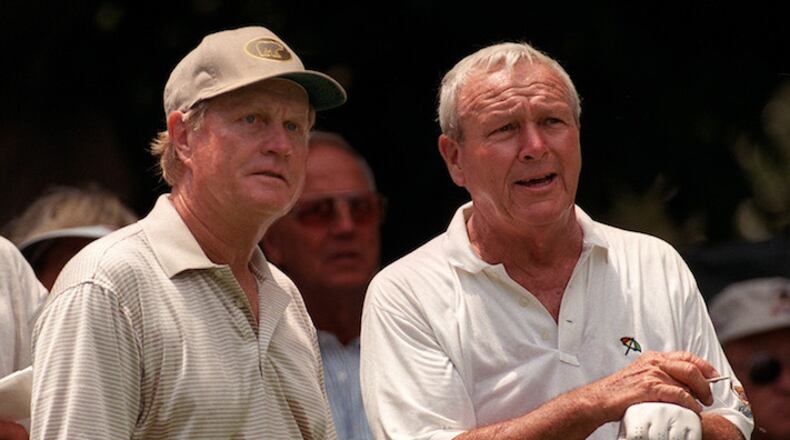 Jack Nicklaus, left, and Arnold Palmer chat before teeing off on the 9th tee during their practice round on July 22, 1998, before the U.S. Senior Open at the Riviera Country Club in Pacific Palisades, Calif. (Anacleto Rapping/Los Angeles Times/TNS)