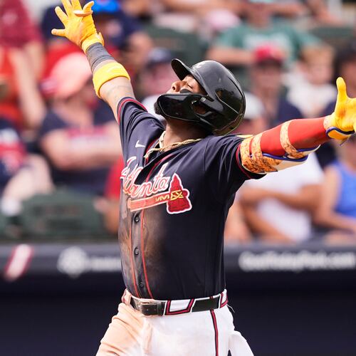 Atlanta Braves Ronald Acuna Jr. celebrates his grand slam home run in the third inning of a spring training baseball game against the Boston Red Sox in North Port, Fla., Friday, Feb. 27, 2026. (Gerald Herbert/AP)