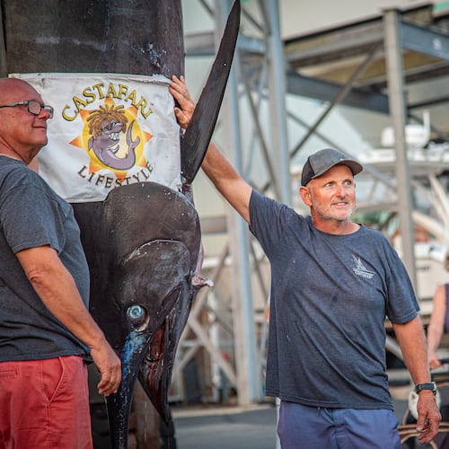 This photo provided by Jimmy Fee shows Walter Chapman, left, and Damon Sacco, captain of the Castafari, right, posing with an enormous blue marlin that they caught off the coast of Massachusetts, Wednesday, Aug. 19, 2026, in Falmouth, Mass. (Jimmy Fee via AP)