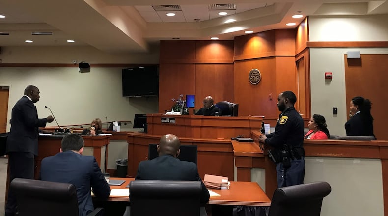 Community activist Ed Williams (left) makes his case to DeKalb Superior Court Judge Gregory Adams in a Jan. 10, 2019, trial regarding the Board of Commissioners’ surprise vote in February 2018 to raise their salaries. Williams argued the pay raise vote was illegal. TIA MITCHELL/TIA.MITCHELL@AJC.COM