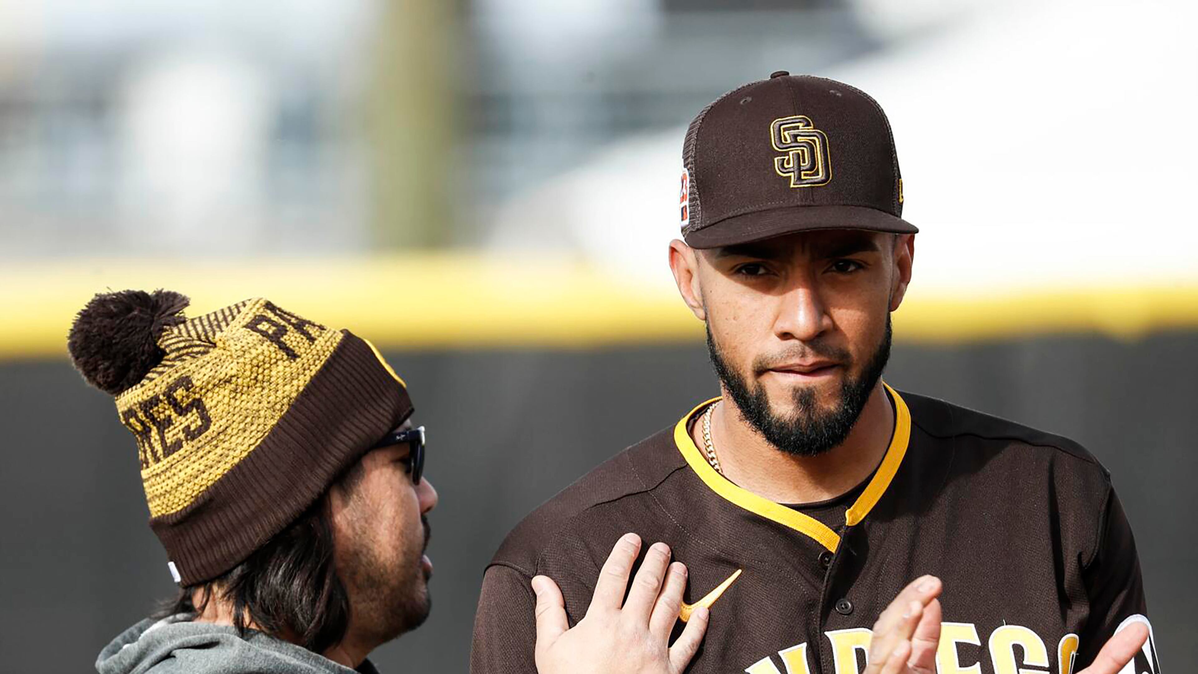 Relief pitcher Robert Suarez (right) earned his second consecutive All-Star nod in 2025, posting a 2.97 ERA in 70 appearances with the Padres. (Meg McLaughlin/The San Diego Union-Tribune/TNS 2023)