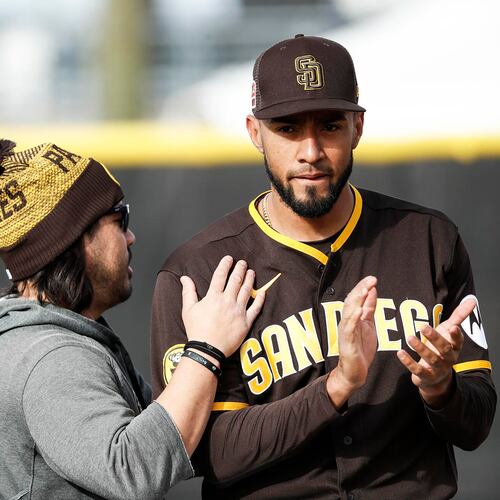 Padres relief pitcher Robert Suarez (75) claps during a spring training practice at Peoria Sports Complex on Friday, Feb. 17, 2023, in Peoria, Arizona. (Meg McLaughlin/The San Diego Union-Tribune/TNS)