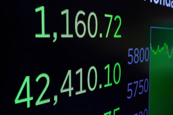 A board above the trading floor of the New York Stock Exchange displays the closing number for the Dow Jones industrial average, Monday, May 12, 2025. (AP Photo/Richard Drew)