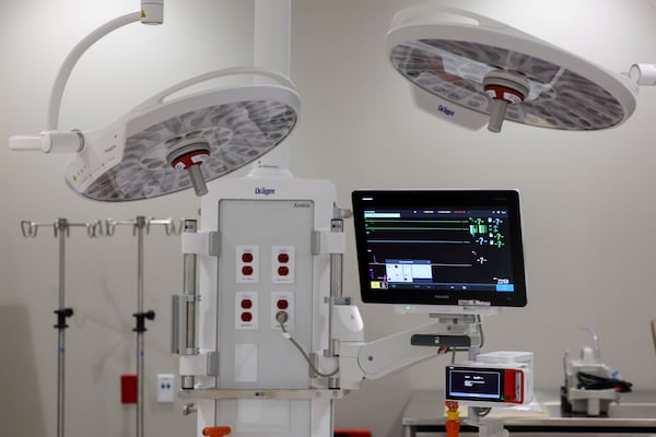 Equipment is shown in a resuscitation room at Grady South Emergency Department on May 11. (Jason Getz/AJC)