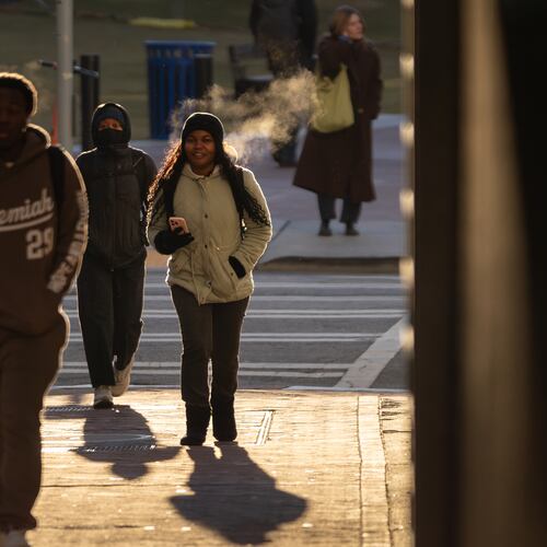 Georgia State University students walk to class in sub-freezing morning temperatures Tuesday. This weekend is expected to be very cold in metro Atlanta. (Ben Hendren for the AJC)