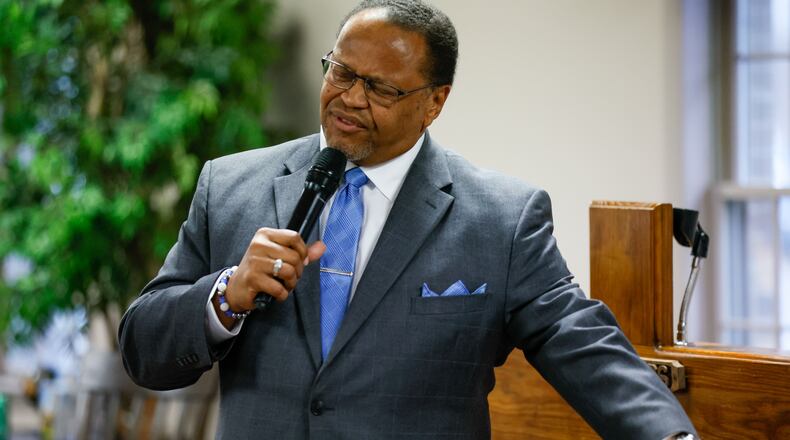 Former Clayton County Tax Commissioner Terry Baskin speaks at a Thursday Clayton forum for candidates competing in the June 18 runoff. Baskin is running for chair of the Clayton Commission. (Miguel Martinez / AJC)