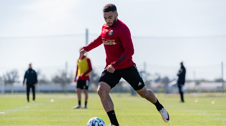Jake Mulraney kicks the ball at training during preseason at IMG Academy in Bradenton, FL, on Sunday January 26, 2020. (Photo by Jacob Gonzalez/Atlanta United)