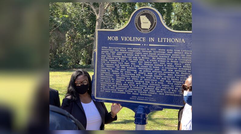 This is a plaque that was recently installed in a Lithonia park to honor Black lynching victims.