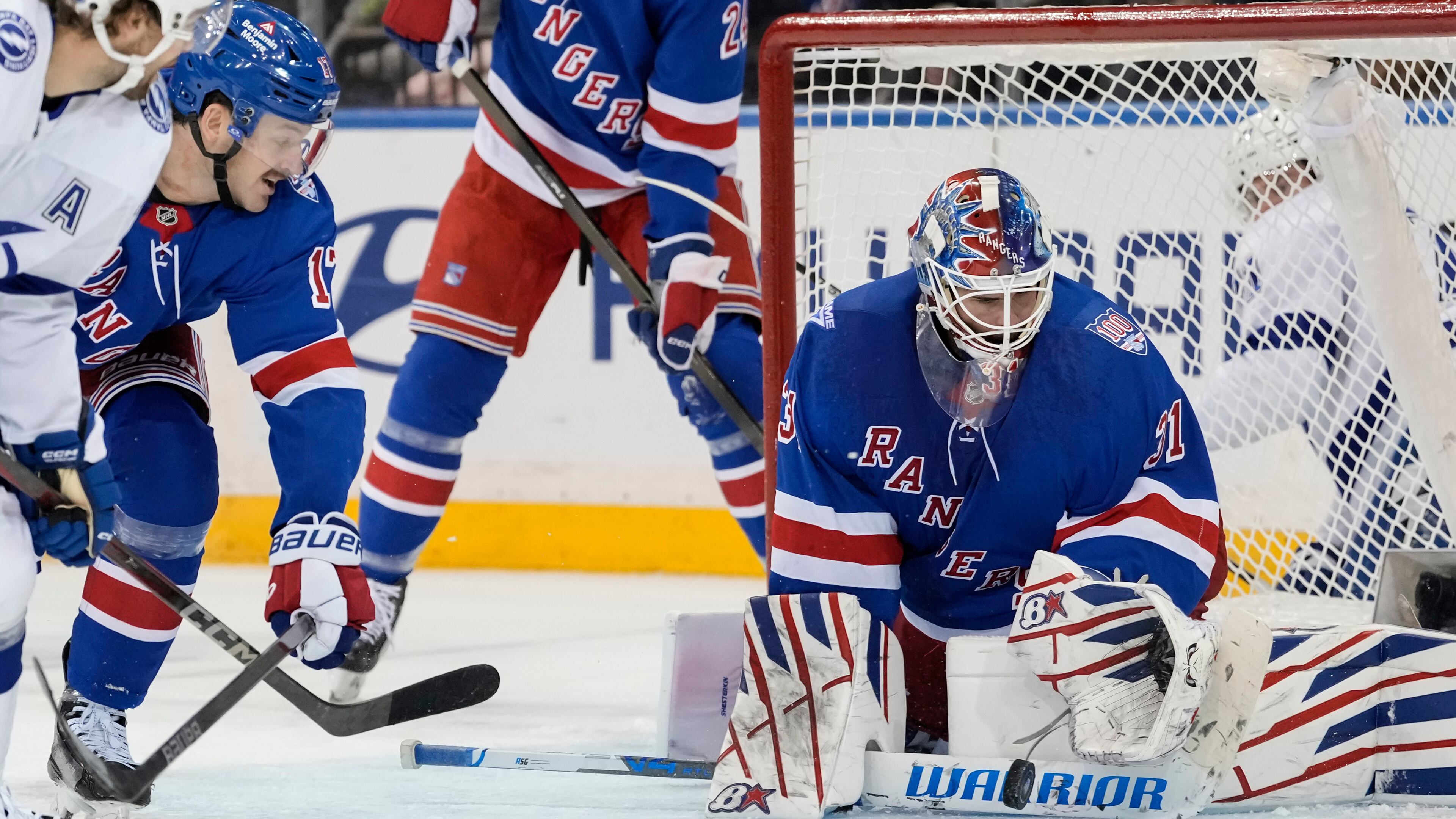 New York Rangers goaltender Igor Shesterkin (31) defends the goal during the second period of an NHL hockey game, Saturday, Nov. 29, 2025, in New York. (AP Photo/Yuki Iwamura)